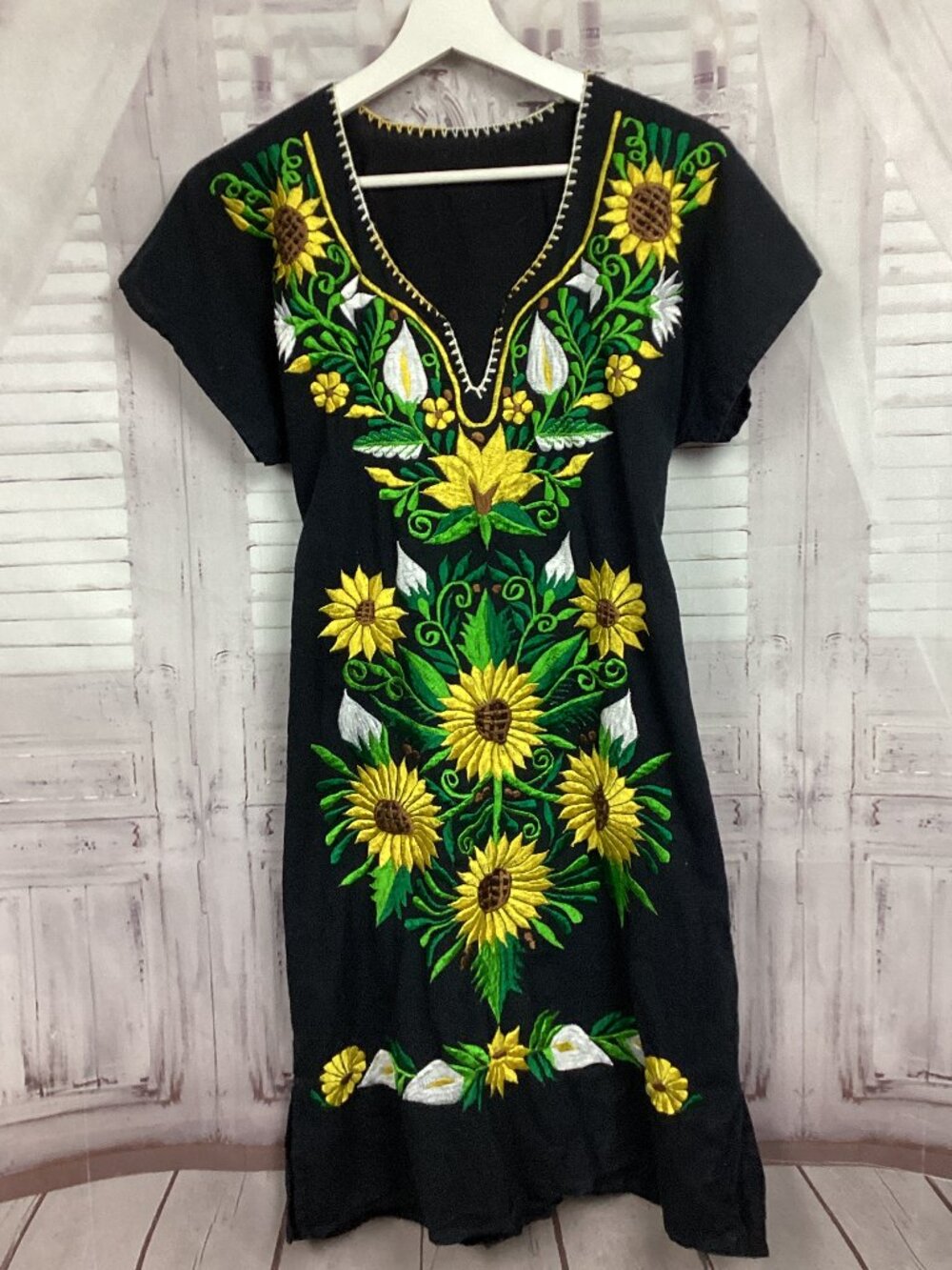 Black Linen Sunflower Embroidered Midi Dress
